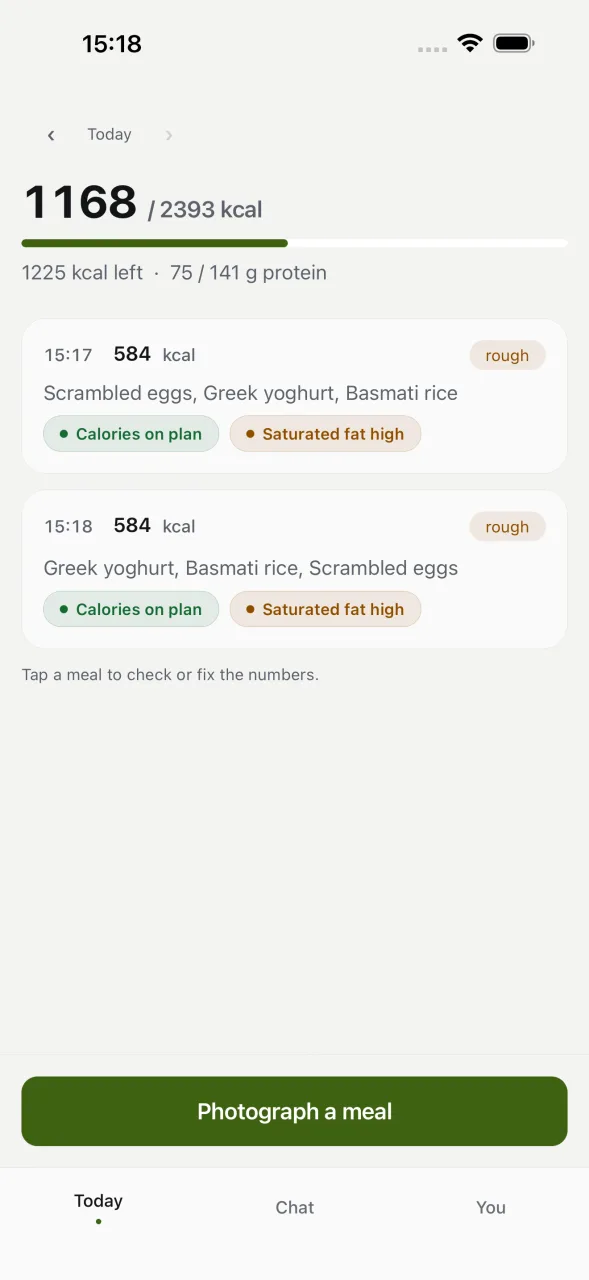 The diary screen: 1,168 of 2,393 kcal used today with 1,225 left, and two logged meals each carrying its own verdicts.