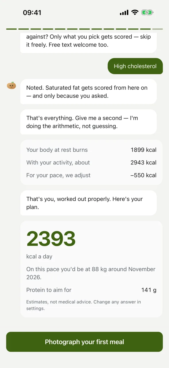 The plan screen: resting burn 1,899 kcal, about 2,943 kcal with activity, minus 550 kcal for the chosen pace, and a daily target of 2,393 kcal with a protein figure under it.