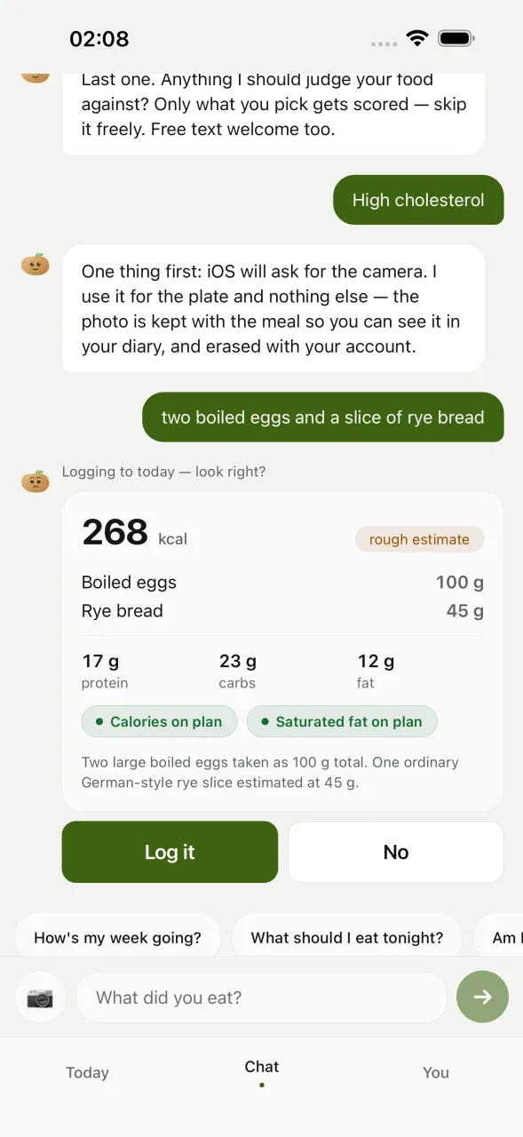 The chat: the sentence "two boiled eggs and a slice of rye bread" and the card that comes back: 268 kcal marked as a rough estimate, boiled eggs 100 g, rye bread 45 g, 17 g protein, and two verdicts reading calories on plan and saturated fat on plan, scored against the high cholesterol declared a few messages earlier. Under it, a note saying two large eggs were taken as 100 g total and the rye slice estimated at 45 g.